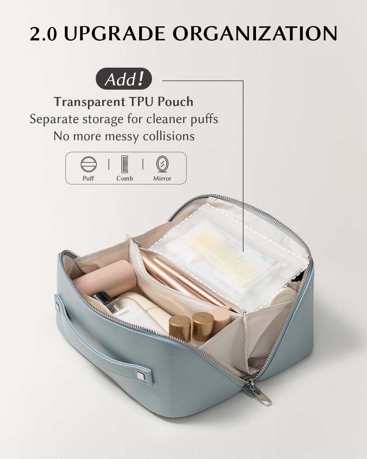 Eachy double TPU brush compartments keep brushes organized and protected.