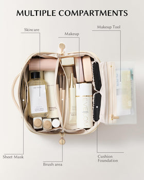 Eachy flat-lay design allows full access and easy packing of skincare and makeup.