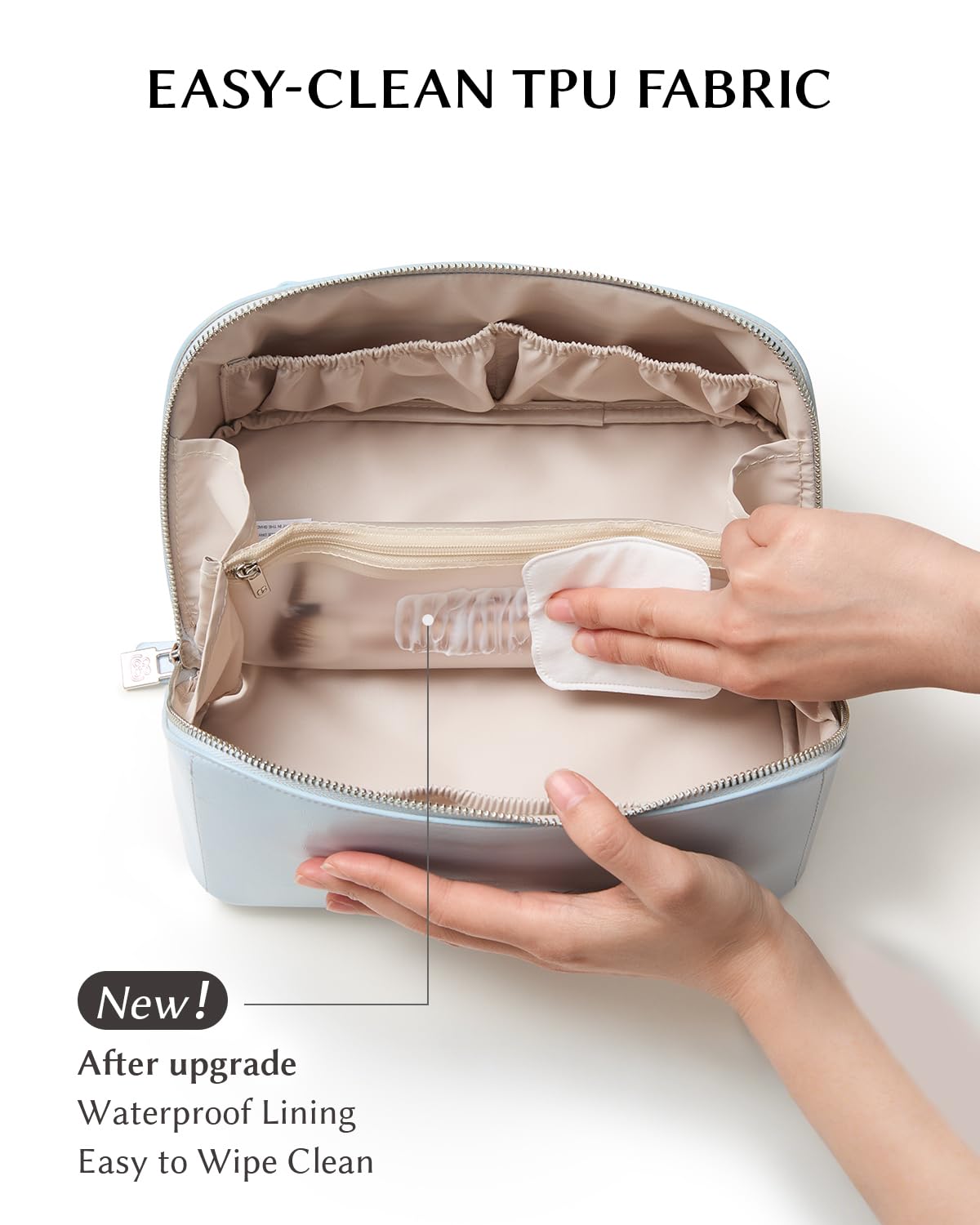 EACHY flat-open makeup bag layout provides full visibility of contents.