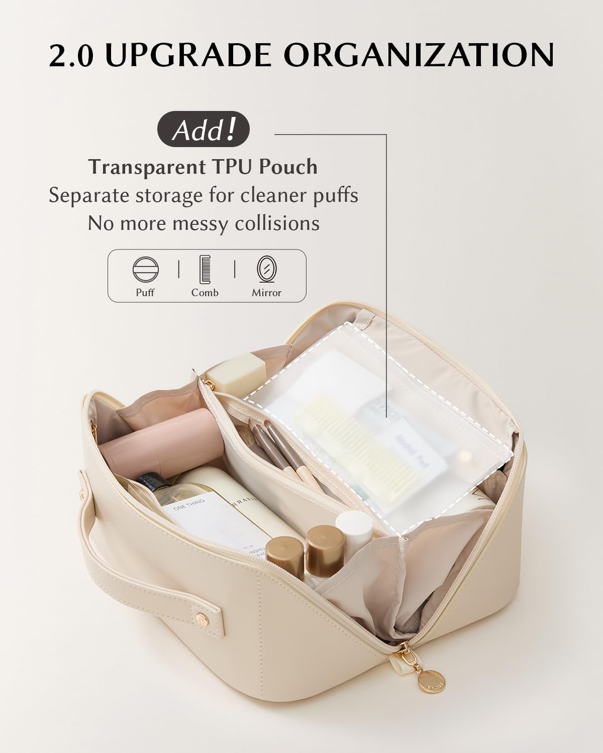Eachy large capacity makeup organizer fits skincare, cosmetics, and travel essentials comfortably.