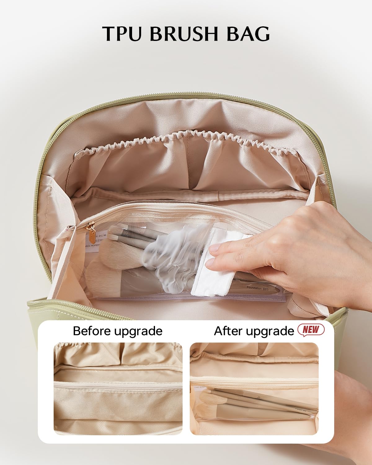 EACHY Travel Makeup Bag interior featuring inner pockets for organization.