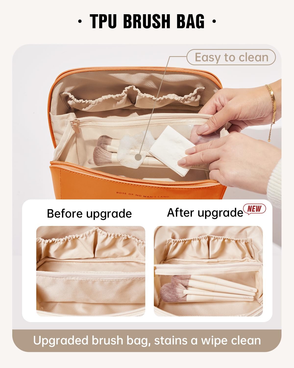 EACHY Makeup Bag with brush compartment stores neatly during hotel stays or outdoor trips.