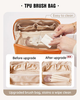 EACHY Makeup Bag with brush compartment stores neatly during hotel stays or outdoor trips.