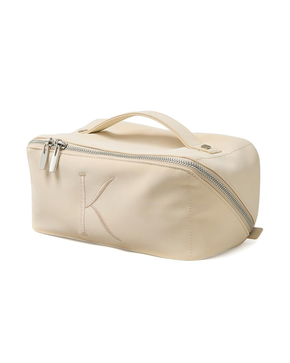 EACHY personalized makeup bag front view showing easy access to cosmetics