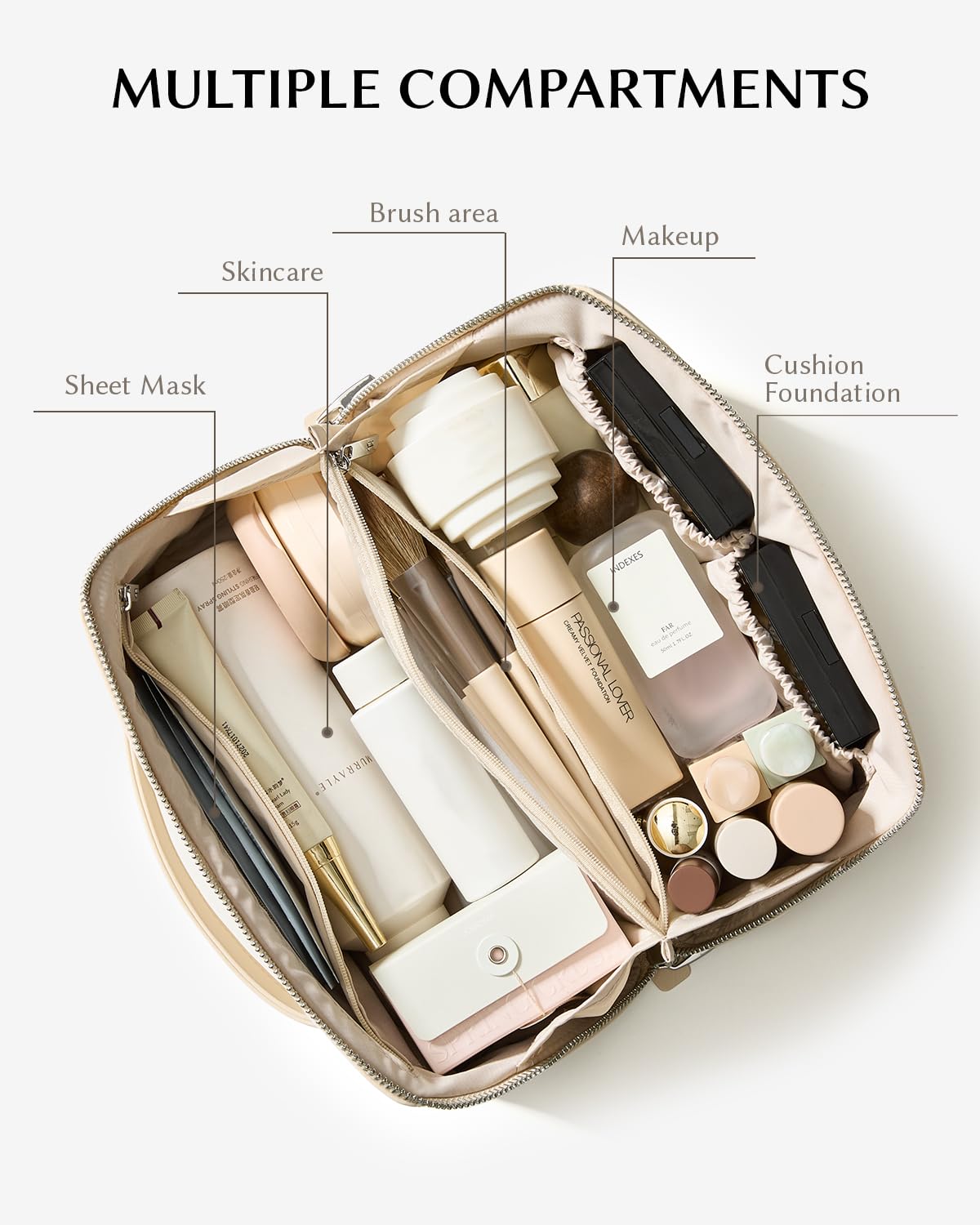 Eachy smart compartments keep brushes and cosmetics neatly organized.