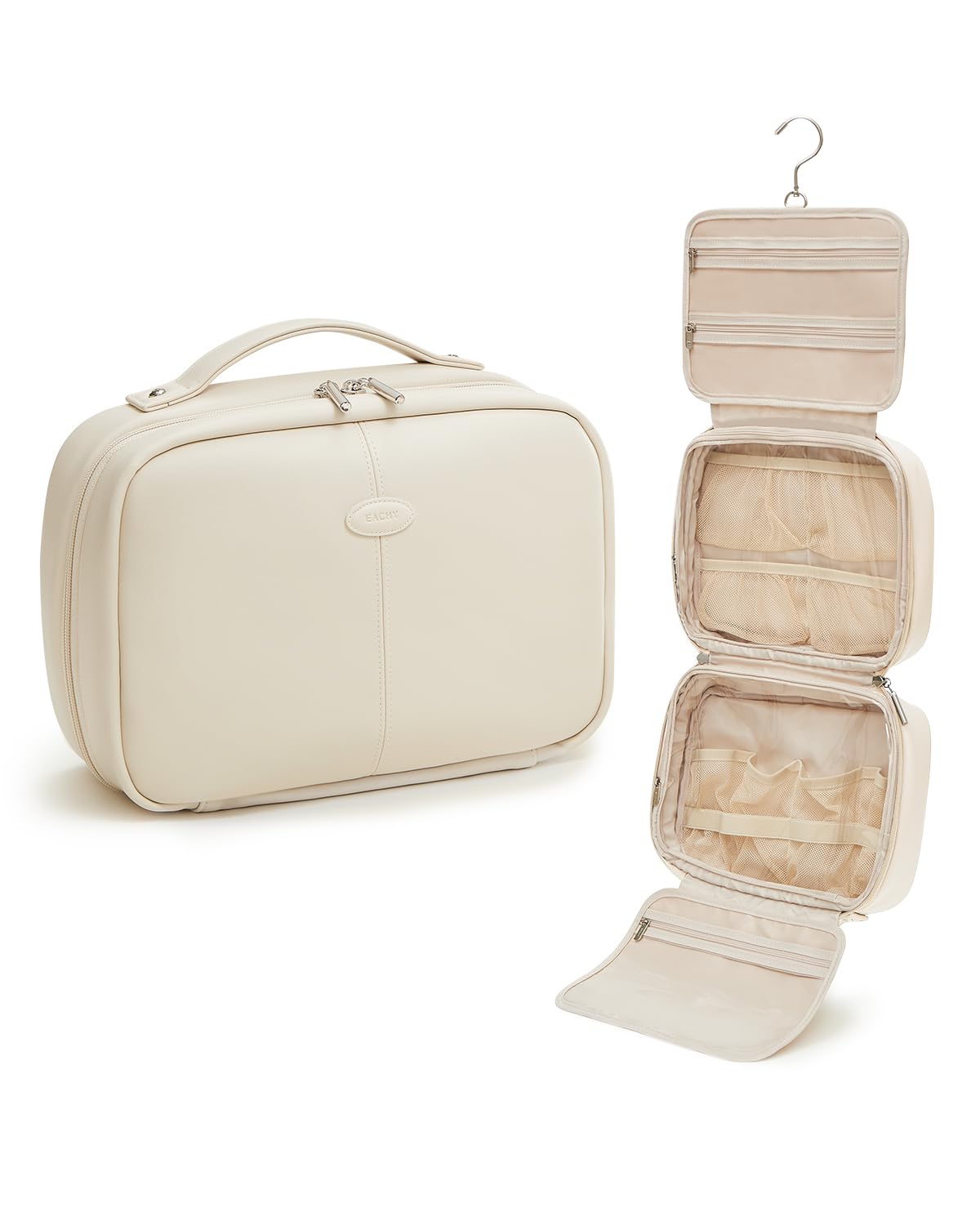 EACHY toiletry bag with hanging hook for easy bathroom access and organized travel.