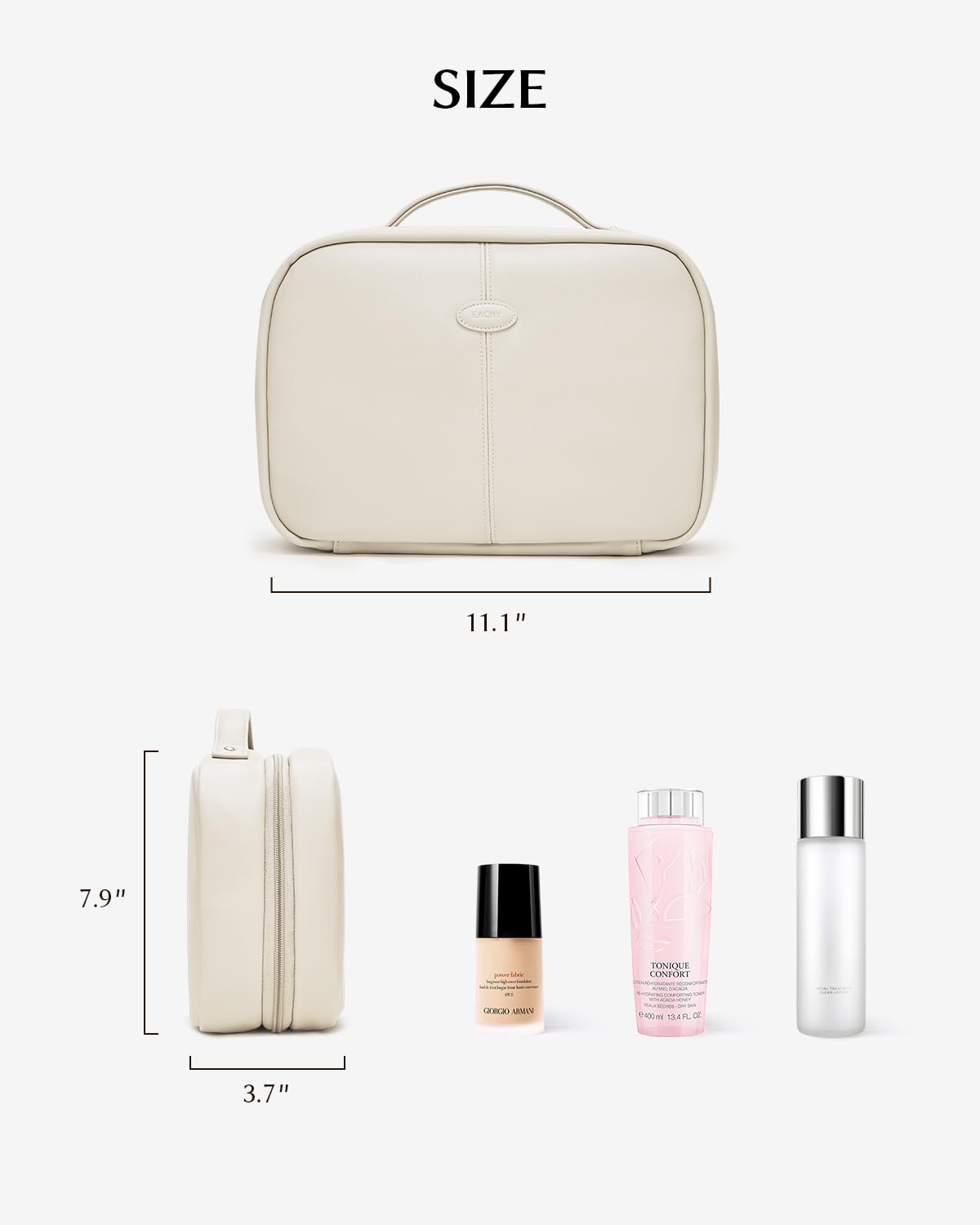 EACHY full-size cosmetic bag keeps liquids secure and contents dry on trips.