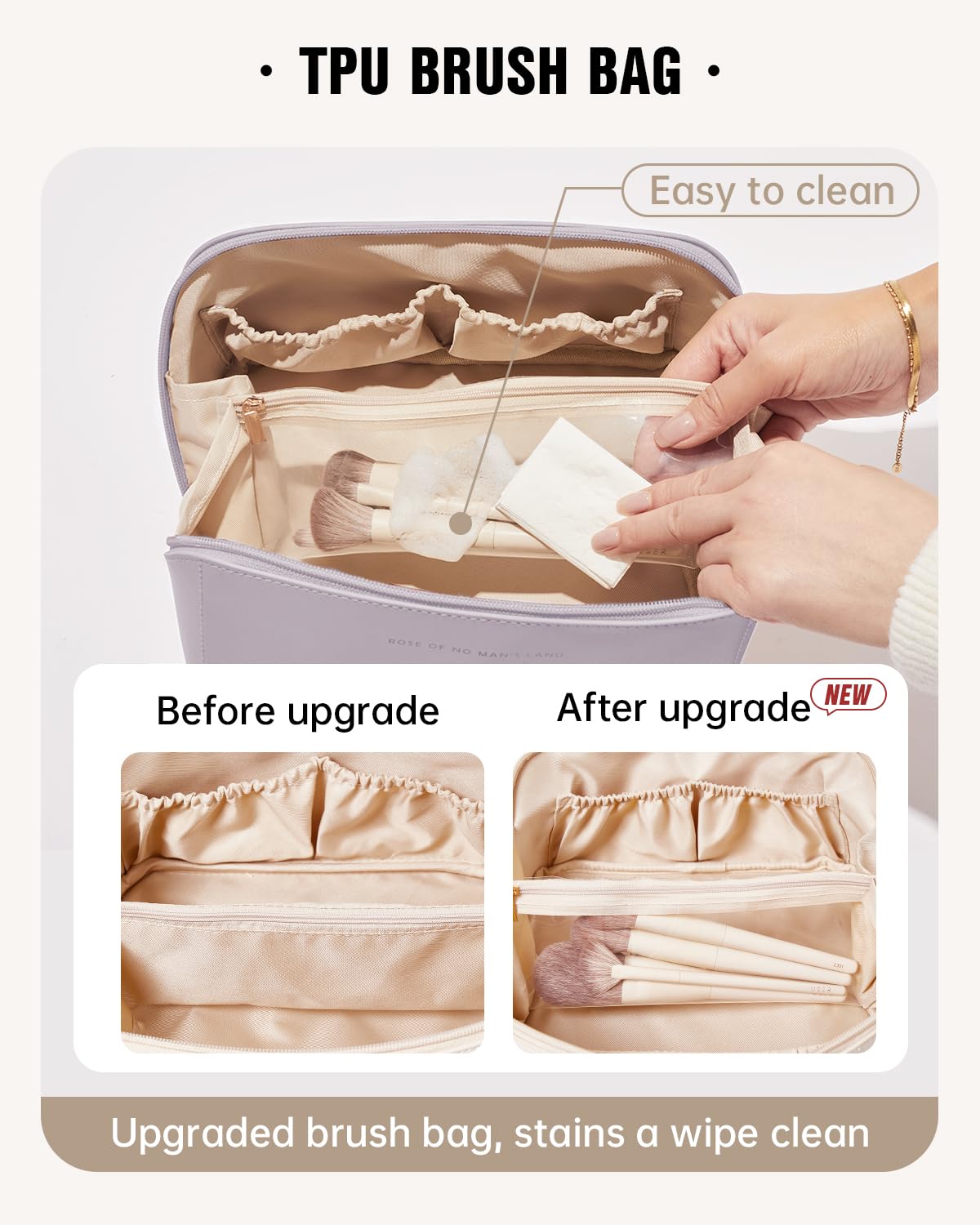 Eachy makeup bag with clear brush compartment for tidy storage.