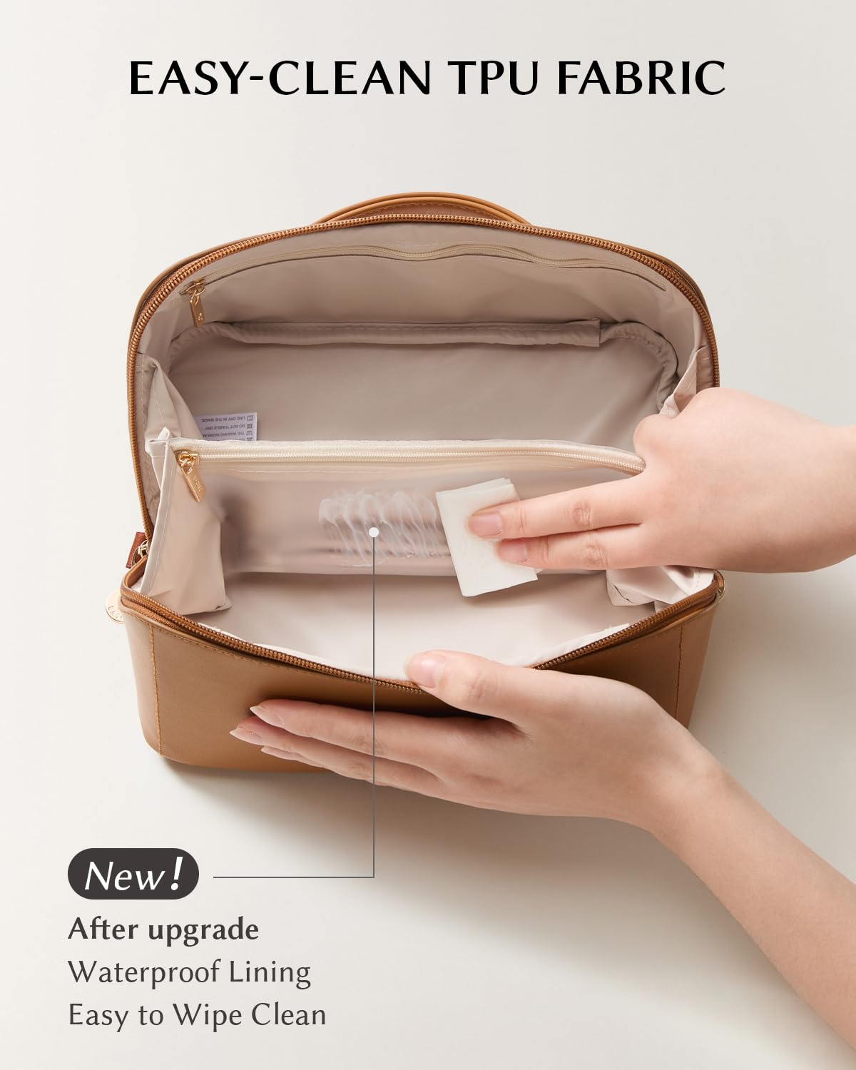 Center brush pocket provides visible, organized space for essentials
