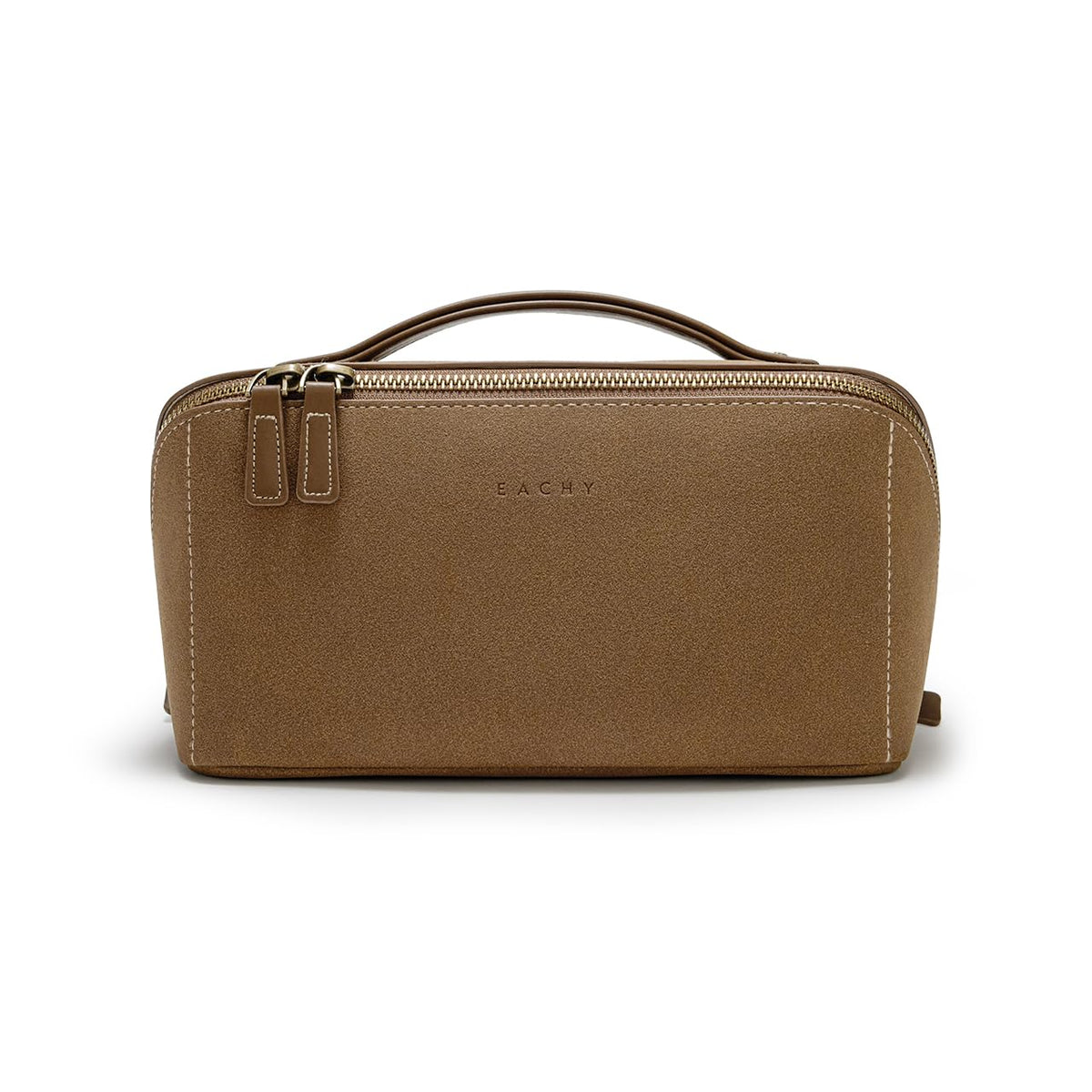 Eachy Travel Makeup Bag closed view showing a sleek faux suede exterior for easy transport.