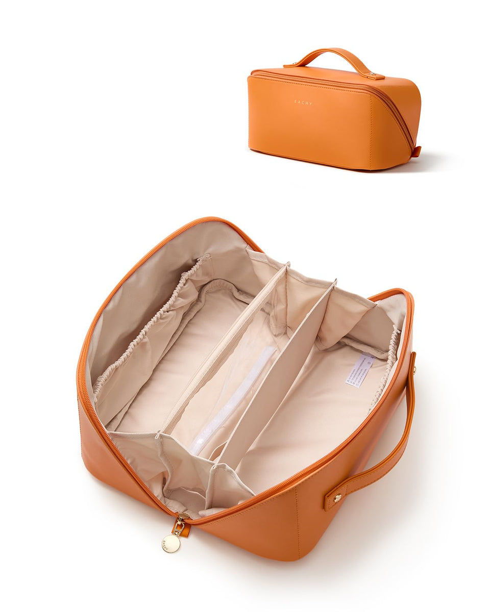 EACHY Travel Makeup Bag cover shows waterproof exterior for easy cleanup and travel-ready organization.
