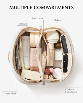 Generous capacity stores skincare and cosmetics for short trips