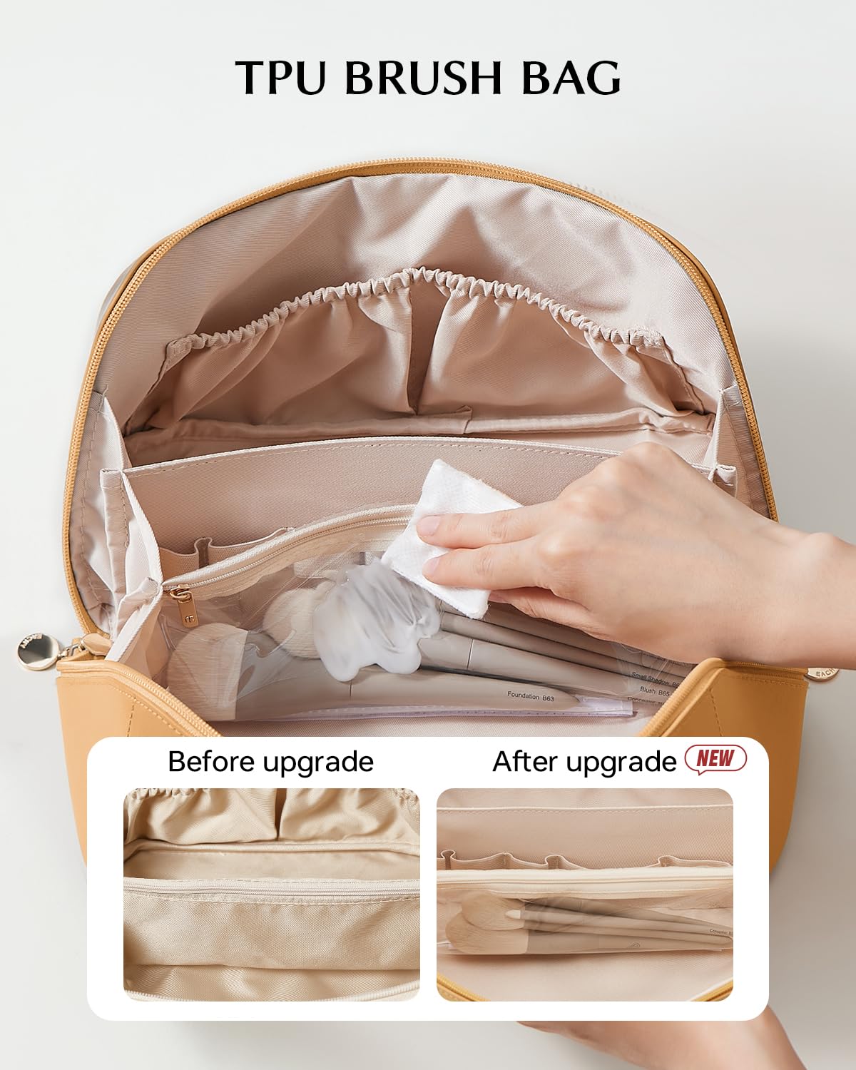 Eachy bag with divider and handle keeps items organized for travel.