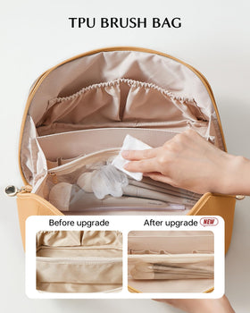 Eachy bag with divider and handle keeps items organized for travel.