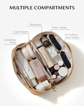 Eachy bag interior divider keeps brushes and skincare neatly separated while traveling.