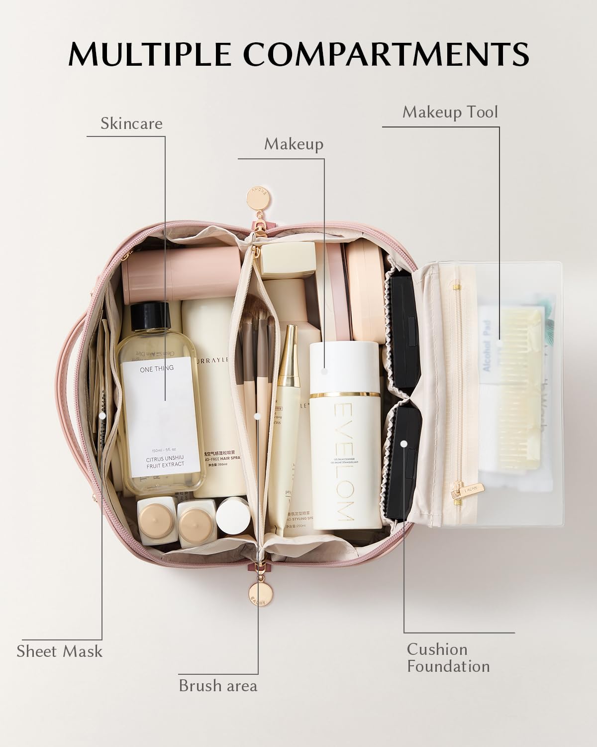 Eachy travel makeup bag laid flat for quick access and organized packing.