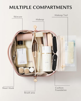 Eachy travel makeup bag laid flat for quick access and organized packing.