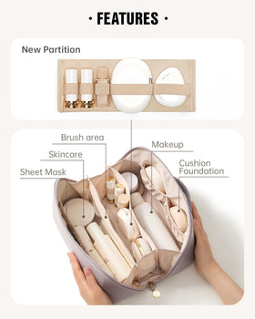 Eachy travel makeup bag flat opening for quick access to items anytime.