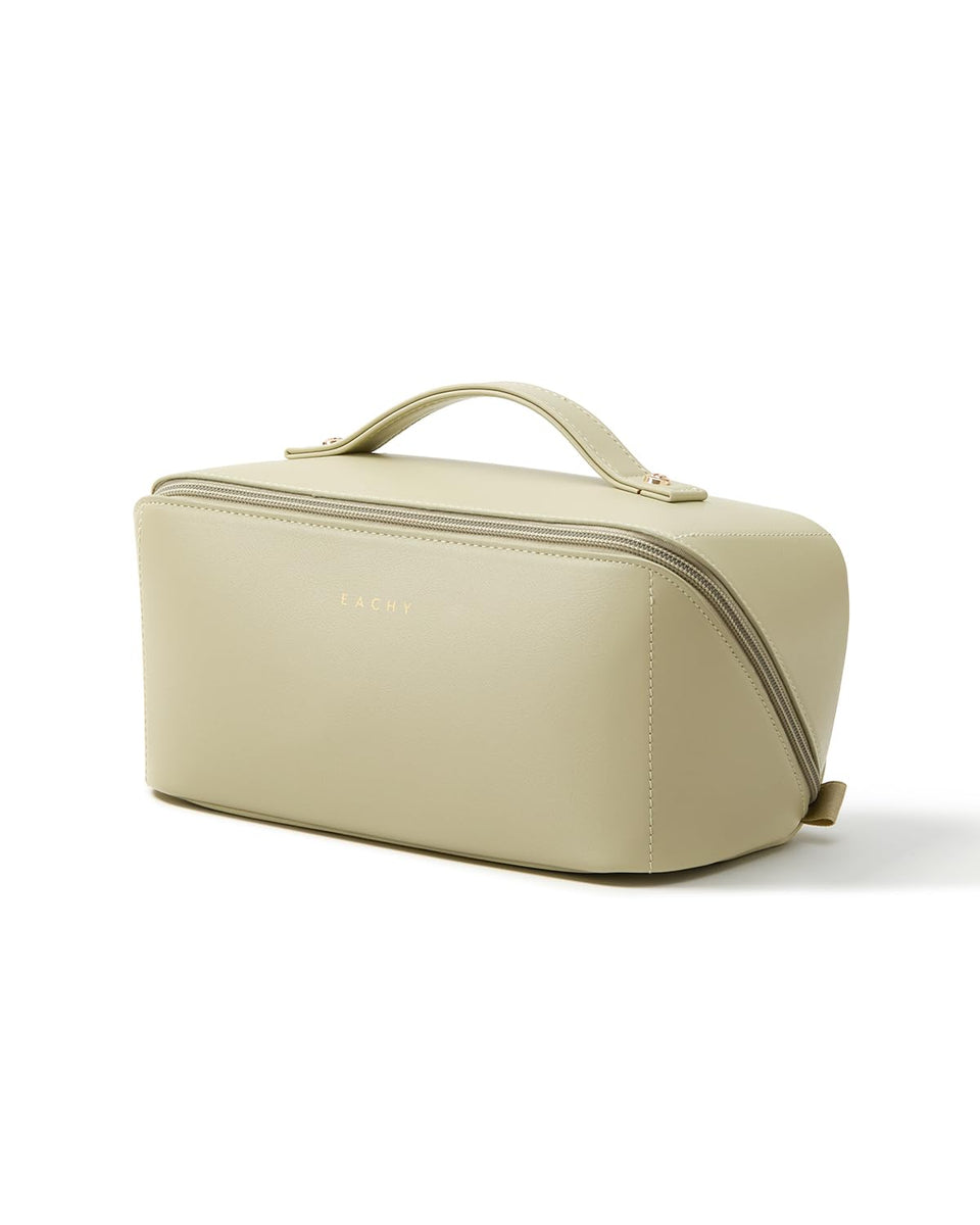 EACHY Travel Makeup Bag front view, waterproof PU exterior for protection.
