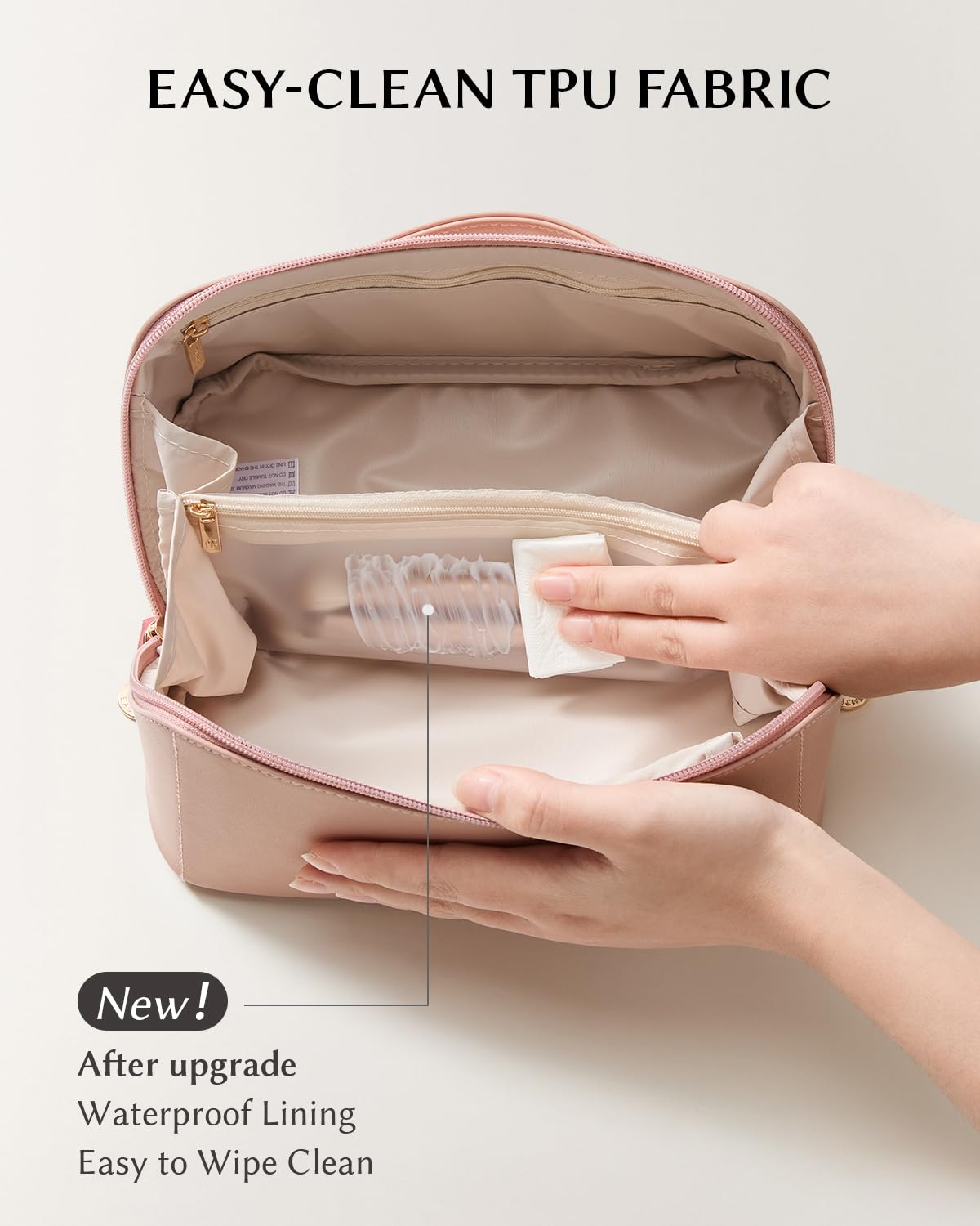 Interior dividers and pockets organize brushes and small accessories in the bag.