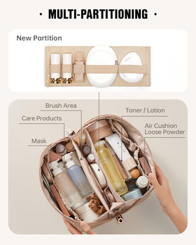 EACHY bag shows large capacity middle compartment for organized travel cosmetics.