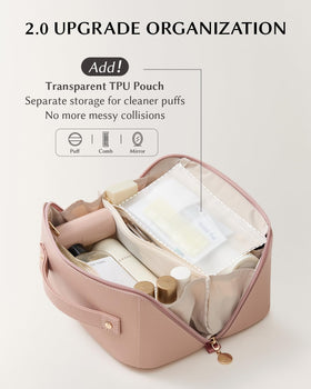 Eachy makeup bag provides generous space for skincare, cosmetics, and travel items.