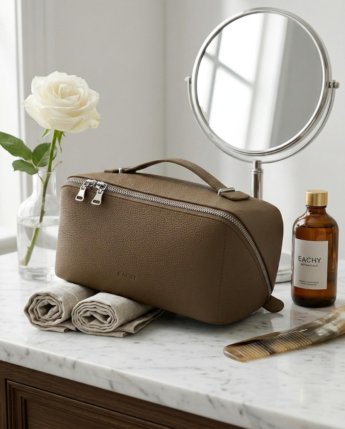 Eachy travel makeup bag interior reveals spacious main compartment and organized pockets