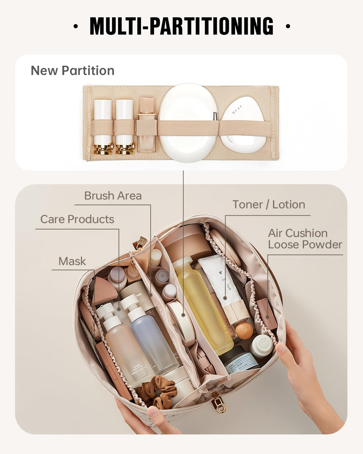 Eachy bag shows a middle compartment for organized cosmetics