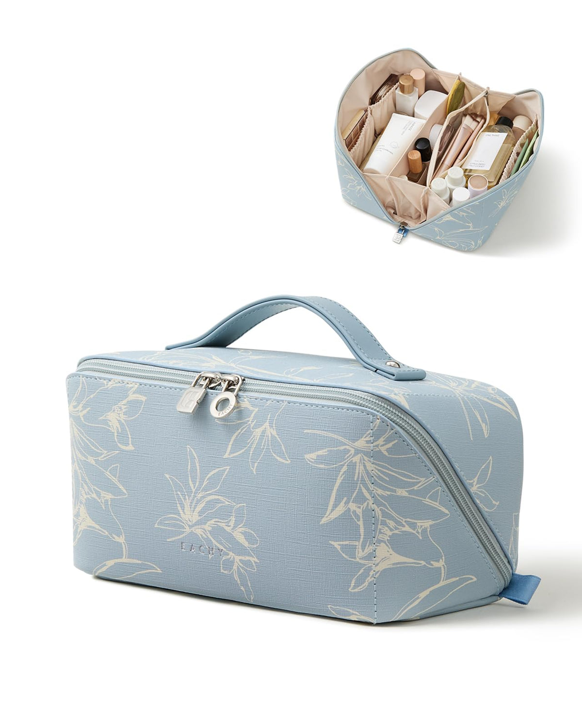 Eachy travel makeup bag with open-flat design for quick access to cosmetics.