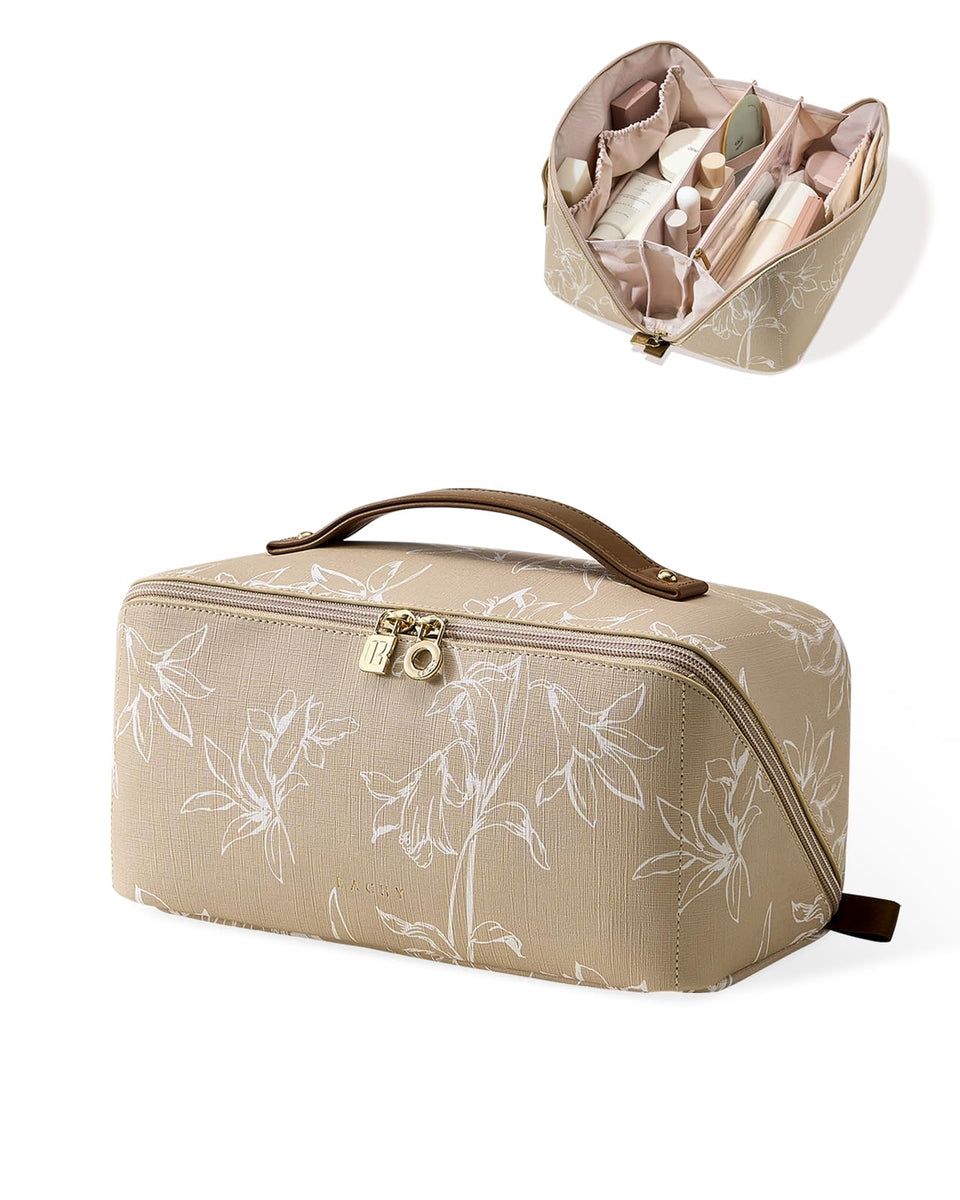EACHY Travel Makeup Bag open flat design for easy packing on trips.