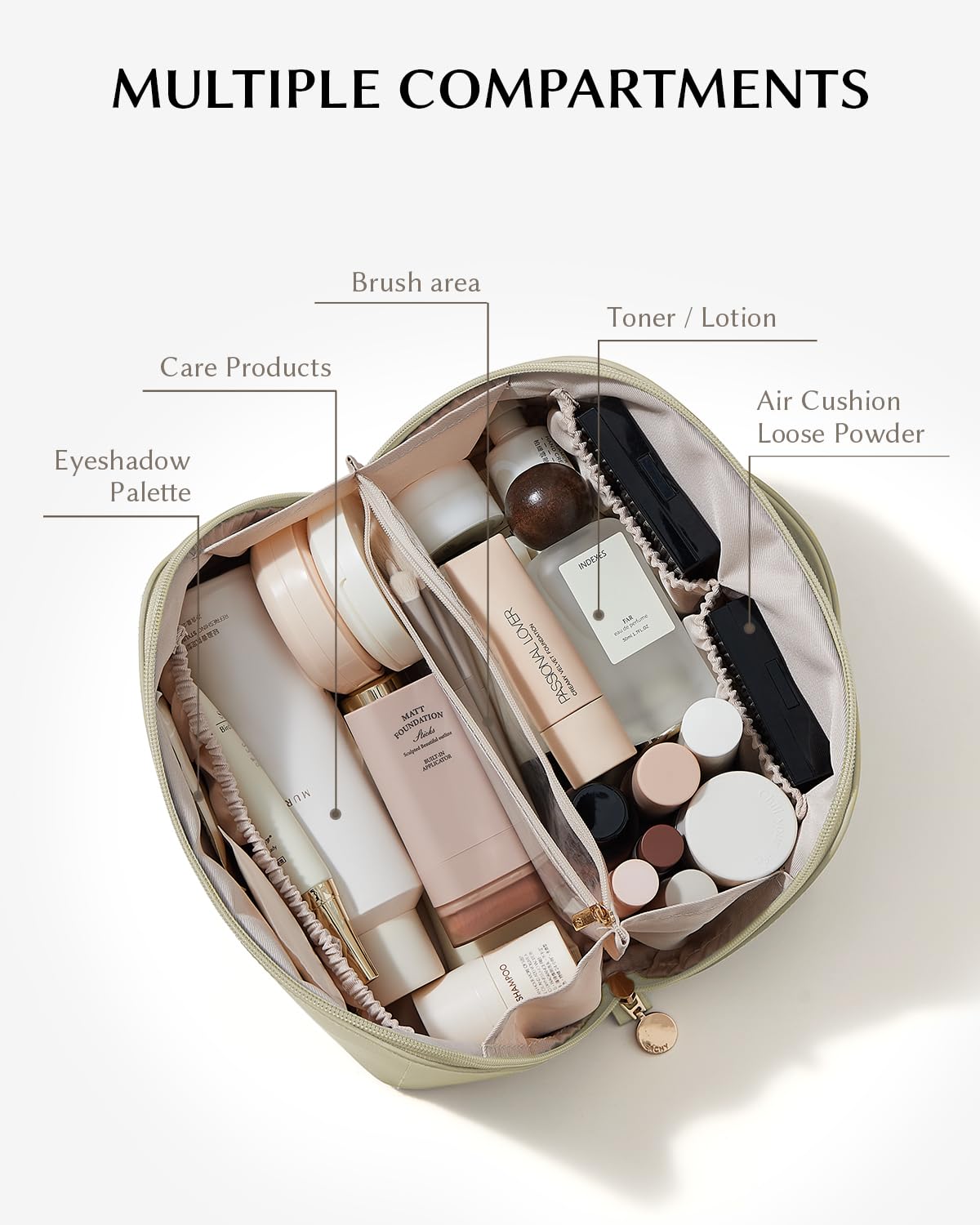 EACHY Travel Makeup Bag opened to show clear TPU brush compartment.