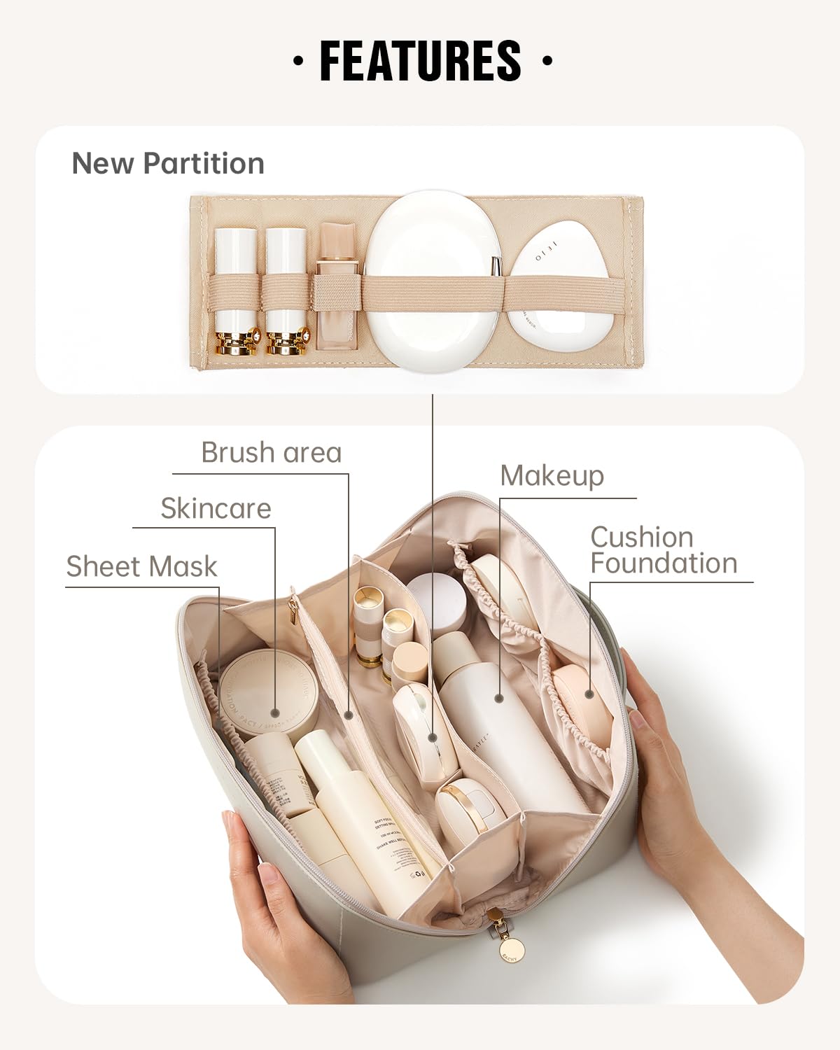 EACHY Travel Makeup Bag open view highlights clear TPU brush compartment and inner pockets for quick access.