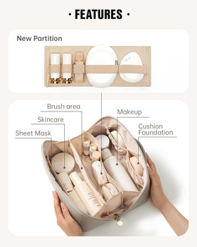EACHY Travel Makeup Bag open view highlights clear TPU brush compartment and inner pockets for quick access.