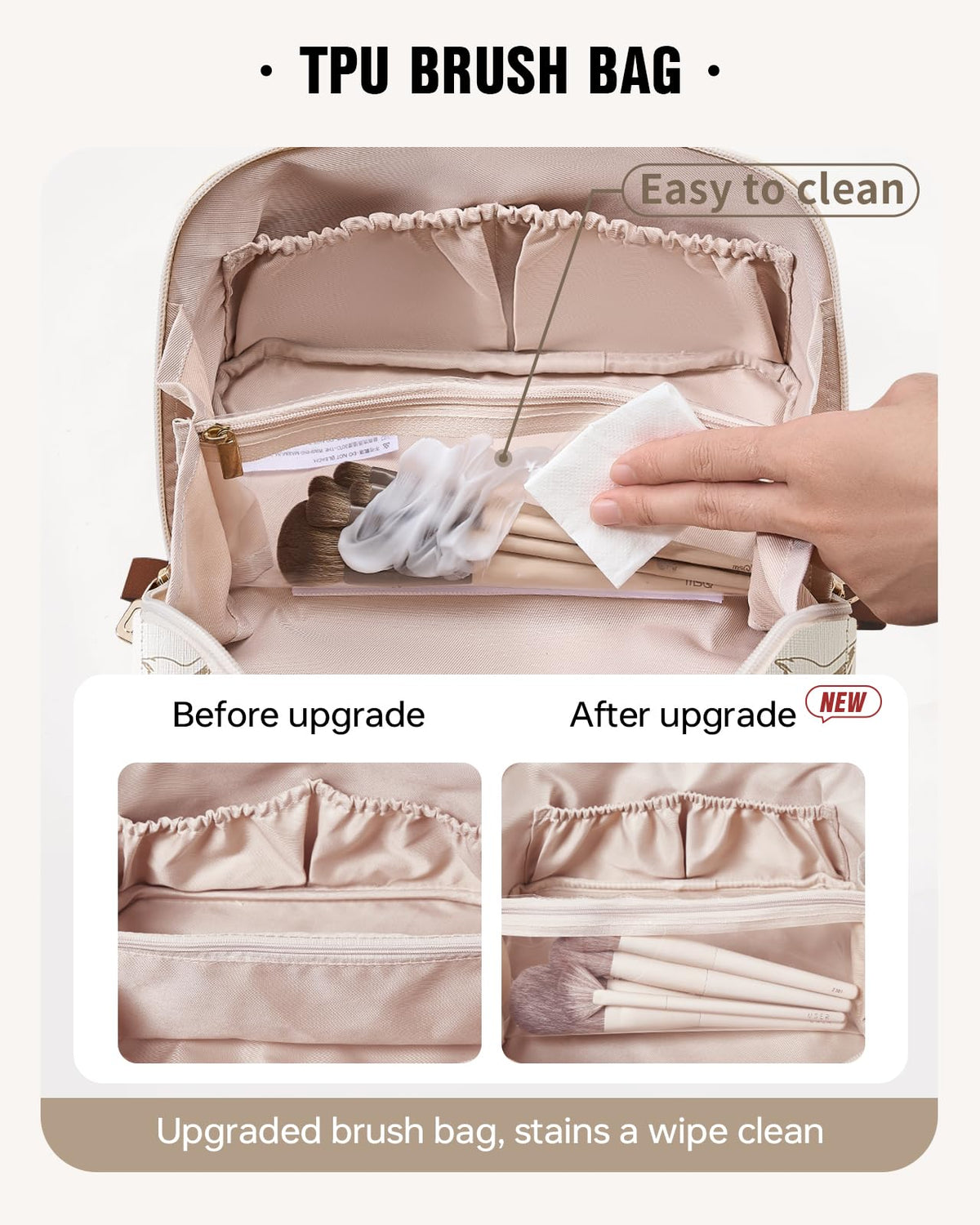 Eachy bag highlights side pockets for small items and brushes