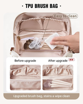 Eachy bag highlights side pockets for small items and brushes