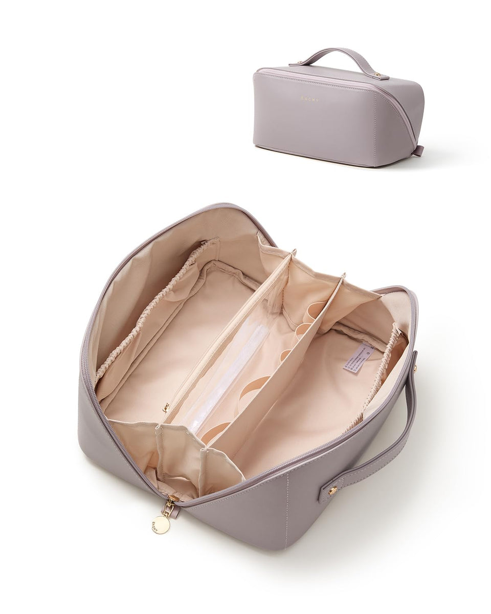 Eachy travel makeup bag shows spacious design for organized cosmetics on the go.