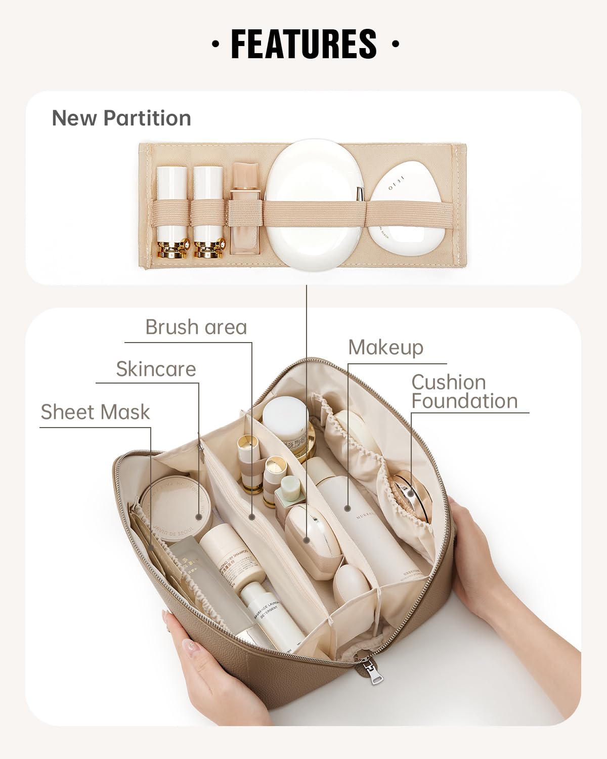 Eachy travel makeup bag TPU brush area keeps brushes clean and separated