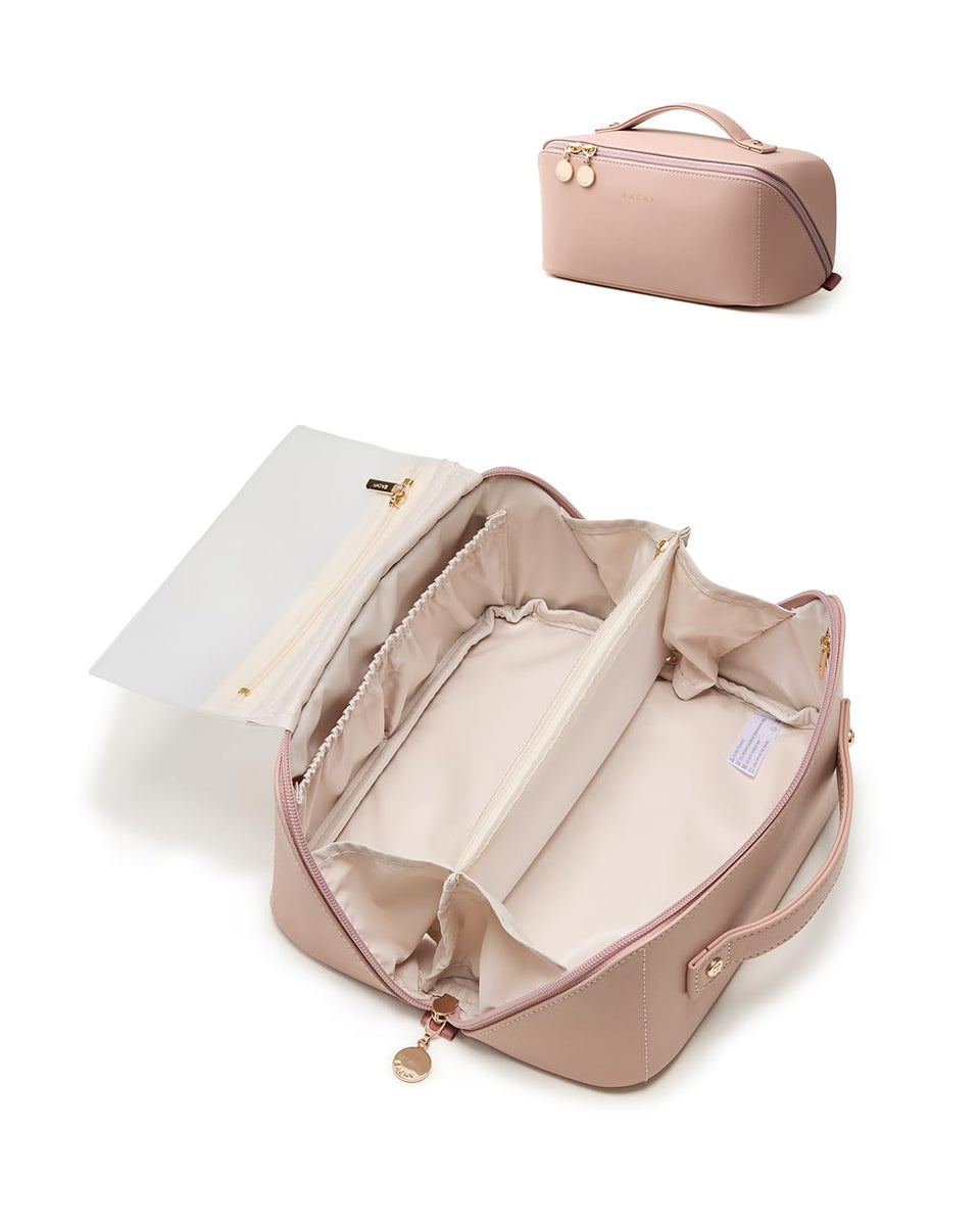 Eachy travel makeup bag in waterproof PU leather offers spill protection and easy care.