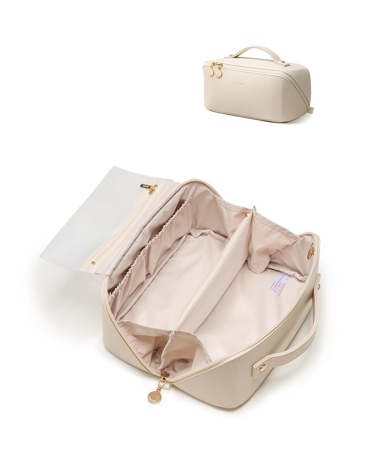 Eachy travel makeup bag waterproof PU leather keeps cosmetics protected and neatly organized.