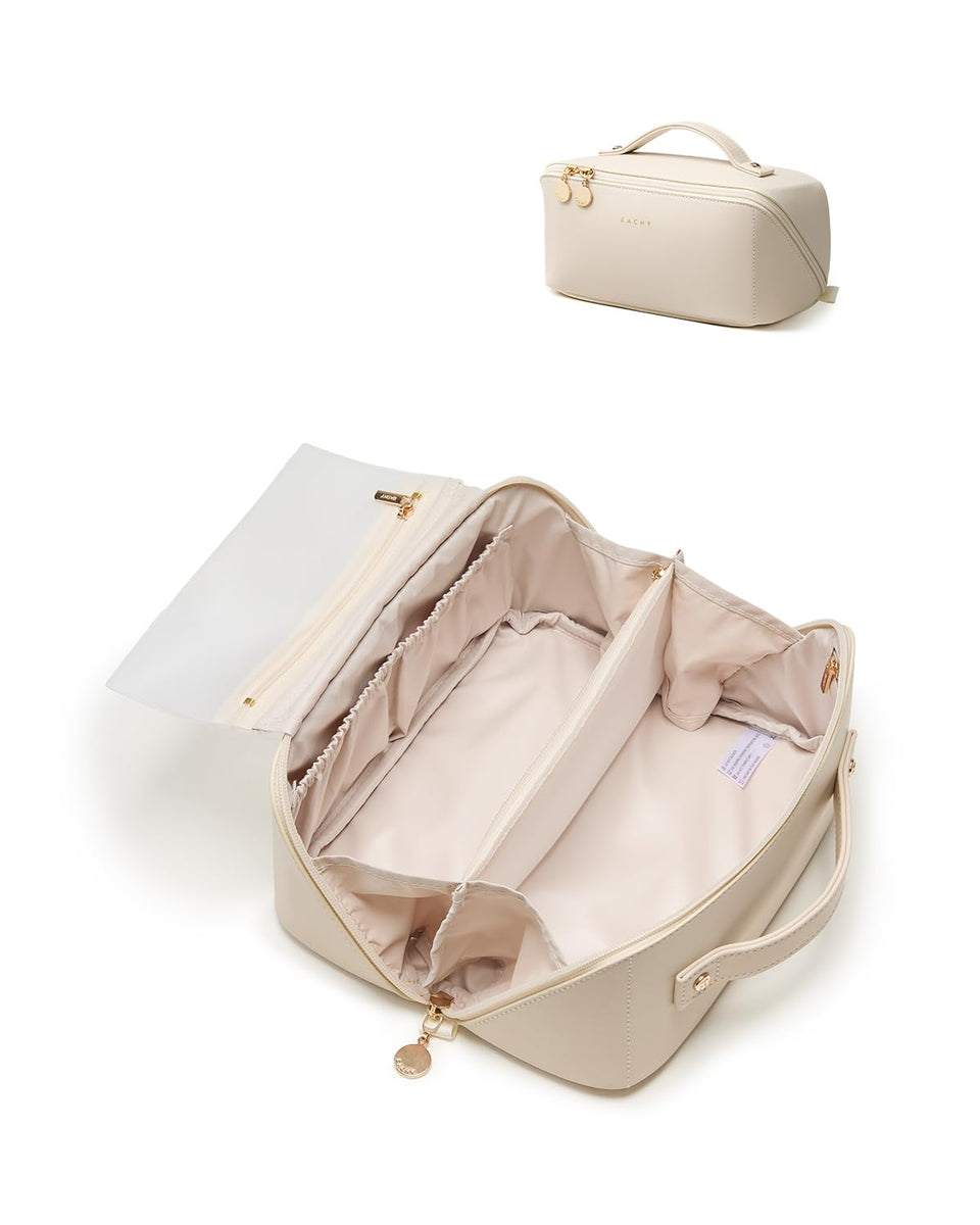 Eachy travel makeup bag waterproof PU leather keeps cosmetics protected and neatly organized.
