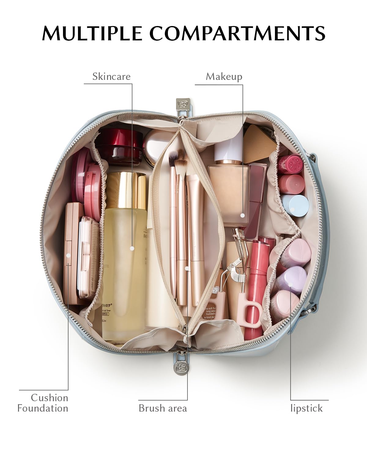 EACHY waterproof toiletry bag in PU leather finish protects items during travel.