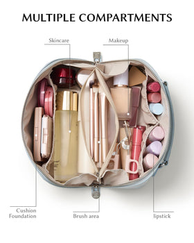 EACHY waterproof toiletry bag in PU leather finish protects items during travel.