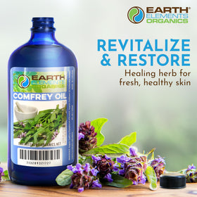 Glass bottle packaging for Earth Elements Organics Comfrey Oil.