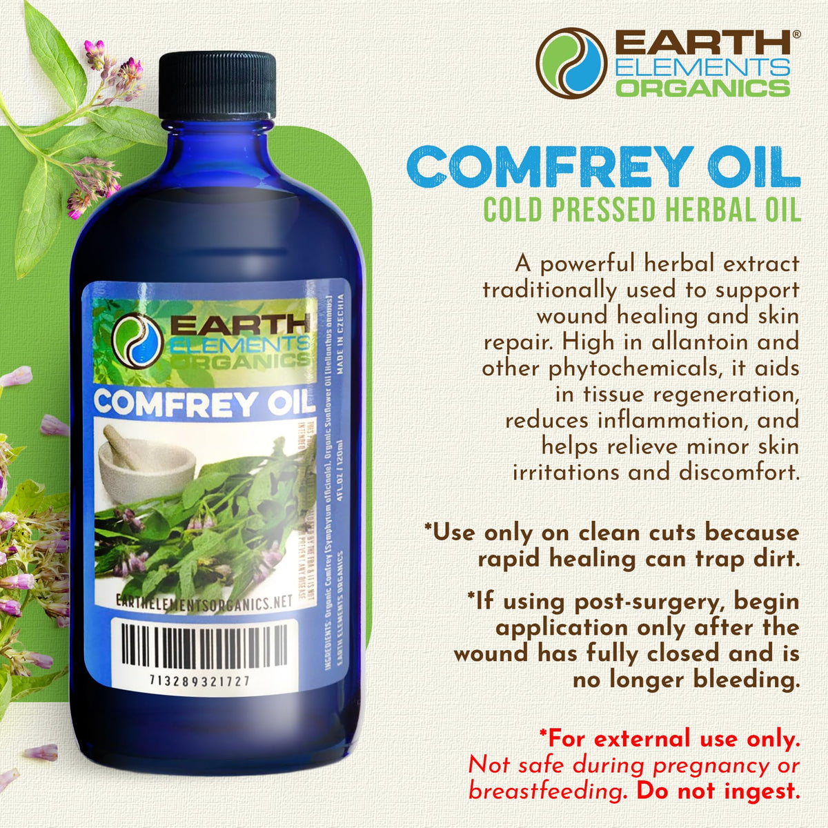 Earth Elements Organics Comfrey Oil label close-up highlighting organic ingredients.