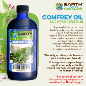 Earth Elements Organics Comfrey Oil label close-up highlighting organic ingredients.