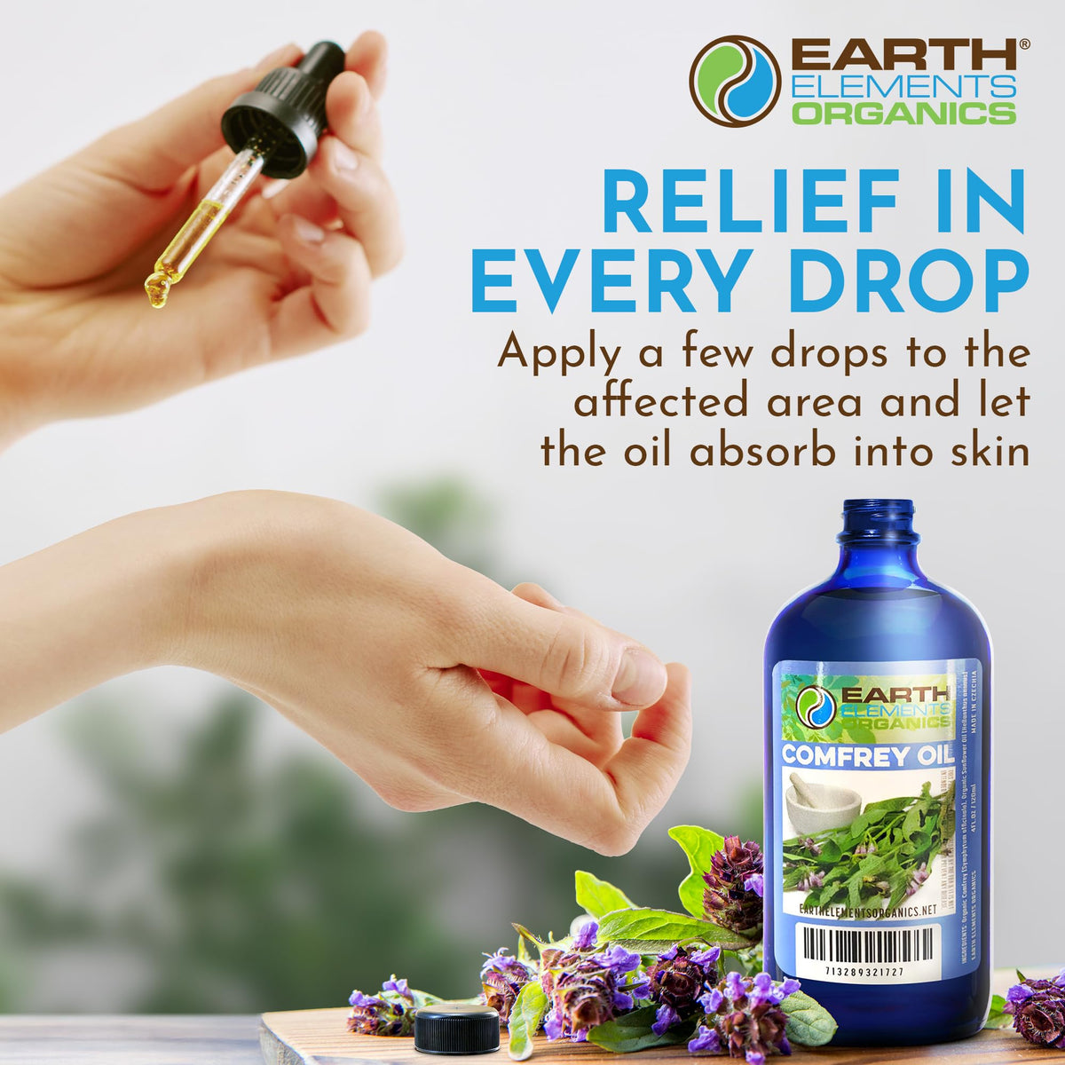 Skin-friendly Earth Elements Organics Comfrey Oil after application.