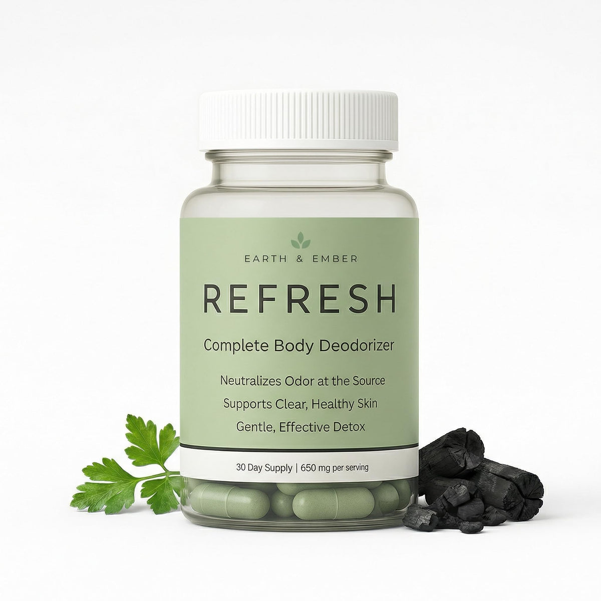 Earth & Ember REFRESH bottle cap close-up for daily odor control.