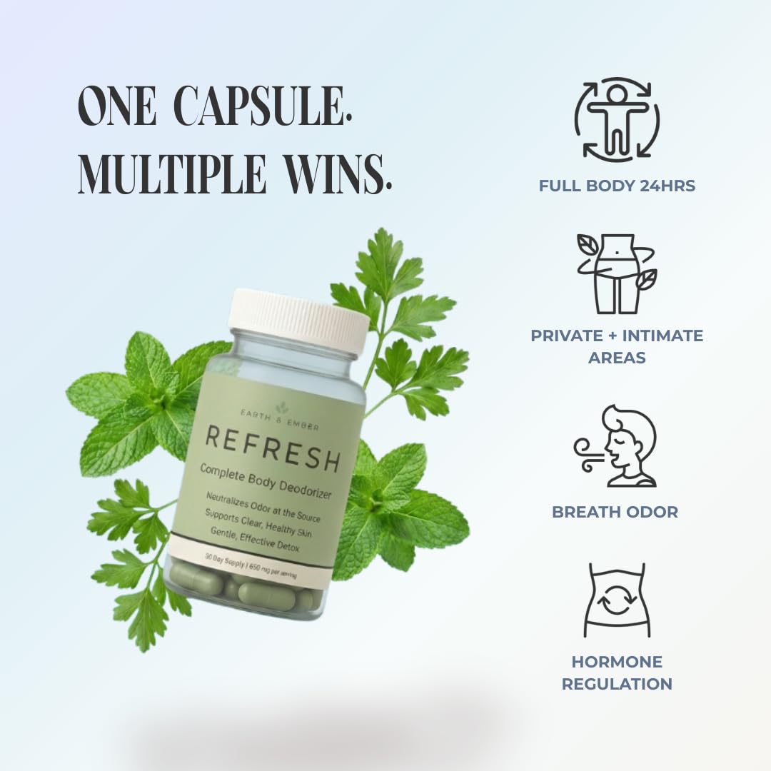 Earth & Ember REFRESH parsley and chlorophyllin detail for internal freshness.