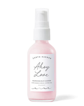 Earth Harbor Ahoy Love Nourishing Cream Cleanser bottle close-up showing hydrating daily cleanse for dry skin.