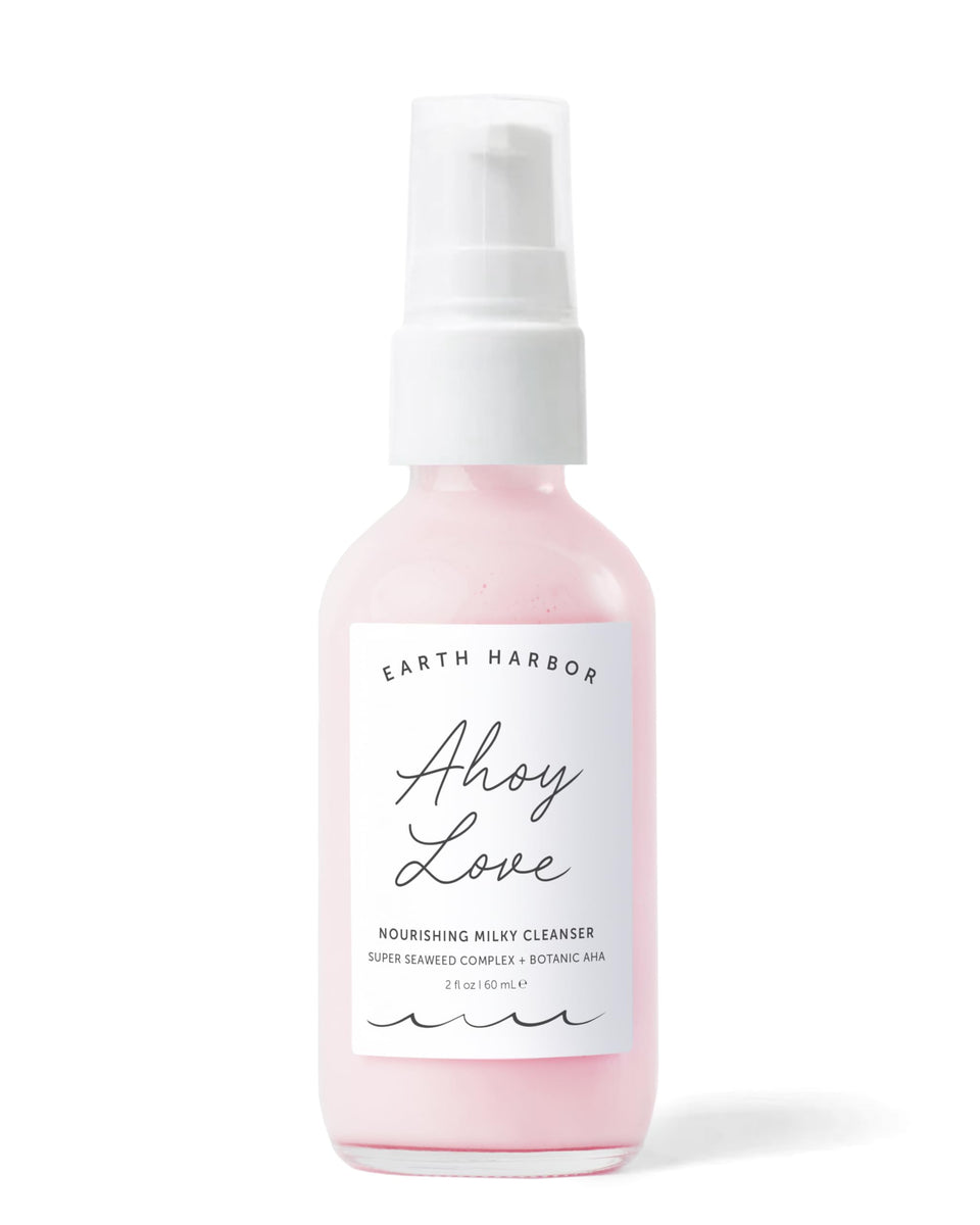 Earth Harbor Ahoy Love Nourishing Cream Cleanser bottle close-up showing hydrating daily cleanse for dry skin.